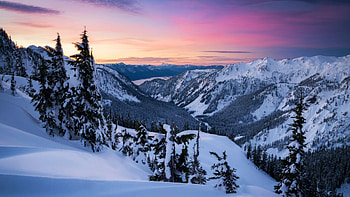 Cascade Mountains at dawn, Washington, artist point, valley, snow, landscape, trees, colors, sky, usa, winter HD wallpaper