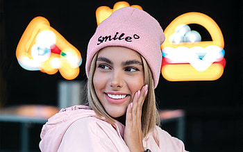 Smile, pink, girl, cap, blonde HD wallpaper