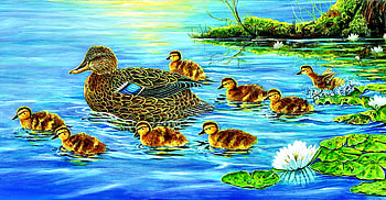 Spring Duckling Parade FC, animal, bird, art, beautiful, illustration, ducklings, avian, artwork, wide screen, wildlife, painting, water lily, mallard, water HD wallpaper