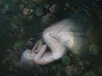 Nightmare, black, skull, swamp, user 23385, girl, dark, user23385, fantasy, water HD wallpaper