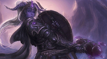 Warrior, shield, horns, girl, beauty, woman, purple, pink, fantasy, game, sky, cloud HD wallpaper