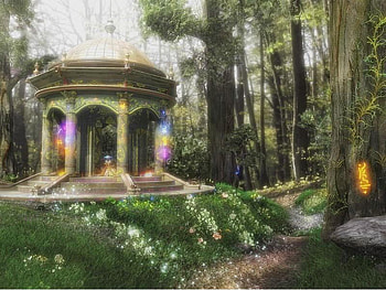 Gazebo, abstract, fantasy, trees, flowers HD wallpaper