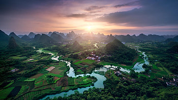 China in Sunset, river, town, chinese, china, mountain, scenery, green, fields, sky, village, sunset HD wallpaper