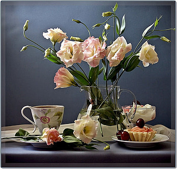 still life, bouquet, graphy, tea, dessert, cake, nice, abstract, flower, coffee, , cream, tea time, color, sweets, cherries, afternoon, beautiful, cup, jug, elegant, cool, flowers, harmony, drink HD wallpaper