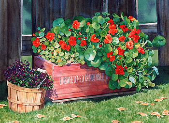 Just Simple Pleasures, sunny, fall, floral, grass, country, basket, leaves, box, crate, fence, flowers HD wallpaper