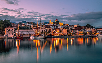 Galaxidi, Ionian Sea, evening, sunset, Galaxidi panorama, Galaxidi cityscape, Corinthian Gulf, Phocis, Greece HD wallpaper