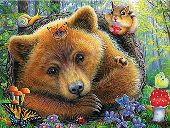 Little Bears Morning, butterflies, skipmunk, painting, lovebug, flowers, snail HD wallpaper