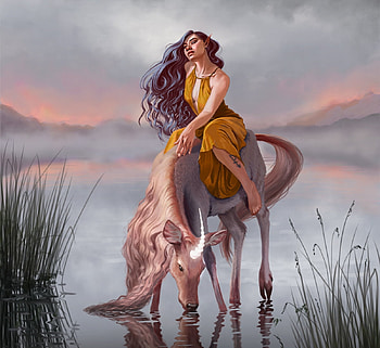 Sunset, fantasy, art, unicorn, luminos, girl, water, daniela ivanova HD wallpaper