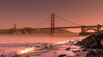 golden gate bridge in coral pink r, shore, pink, waves, bay, bridge, r HD wallpaper