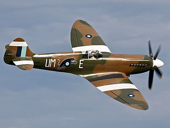 Spitfire_mk_XIX, wings, white stripes, brown, sky HD wallpaper