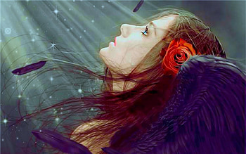 Watching over you, rose, wings, fantasy, flower, woman HD wallpaper