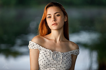 Gorgeous Red Head, black polka dots, white dress, front tie, red head, out of focus background, off shoulder HD wallpaper