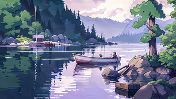 Boat On A Calm Lake, lake, tree, artist, artwork, art, digital-art, ai HD wallpaper