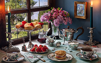 Strawberry Still Life, flowers, window, strawberries, still life, tea, candles HD wallpaper