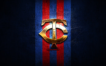 Minnesota Twins emblem, MLB, golden emblem, blue metal background, american baseball team, Major League Baseball, baseball, Minnesota Twins HD wallpaper