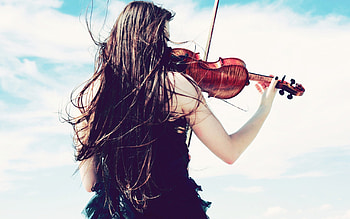 I'll play for you..., brunette, sky, girl, long hair, violin, hair, woman, beauty HD wallpaper