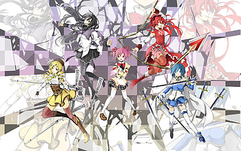 Puella Magi Madoka Magica, mahou, mami tomoe, homura akemi, shoujo, group, weapon, cool, girls, sayaka miki, kyoko sakura, madoka kaname HD wallpaper