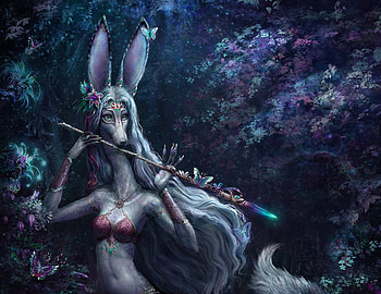 The white Aedaha of Empiora, blue, bjpentecost, pink, flute, instrument, fantasy, luminos, creature HD wallpaper