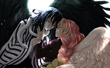 Mitsuri Kanroji, Obanai Iguro, , Demon Hunter, darness, Kimetsu no Yaiba, Demon Slayer, artwork, manga, Mitsuri Kanroji Kimetsu no Yaiba, Obanai Iguro Kimetsu no Yaiba HD wallpaper