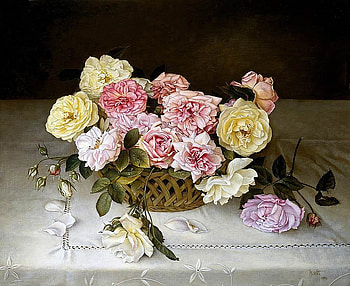 JOSE ESCOFET -- Roses (Oil on canvas), basket, canvas, painting, art, flower, jose escofet HD wallpaper
