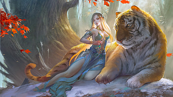 Fantasy Girl With Tiger, fantasy-girls, artwork, digital-art, behance, tiger HD wallpaper