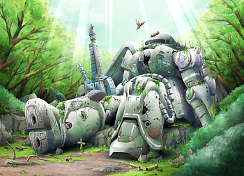 ザク, Anime, Mech, robot, ruin, forest, anime forest HD wallpaper