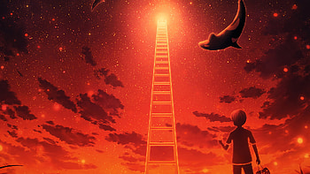 Fantasy Anime Boy Whale Ladder Red Sky Background Fantasy HD wallpaper