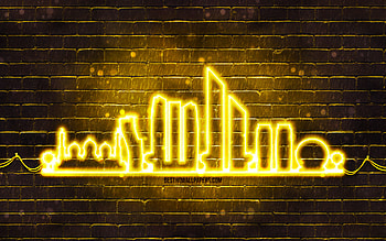 Abu Dhabi yellow neon silhouette, , yellow neon lights, Abu Dhabi skyline silhouette, yellow brickwall, UAE cities, neon skyline silhouettes, UAE, Abu Dhabi silhouette, Abu Dhabi, United Arab Emirates HD wallpaper