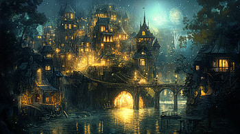 Moonlit Fantasy City: Enchanted Nightscape, fantasy, fantasy city, bridge, river HD wallpaper