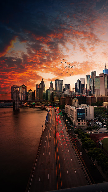 Manhattan Skyline, Travels, Sunset over Manhattan Bridge, Luminous sky HD phone wallpaper