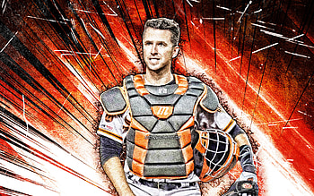 Buster Posey, grunge art, San Francisco Giants, MLB, baseman, baseball, Gerald Dempsey Posey III, orange abstract rays, Buster Posey San Francisco Giants, Buster Posey HD wallpaper
