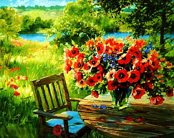 Garden Still Life, artwork, chair, table, bouquet, painting, blossoms, trees, flowers HD wallpaper