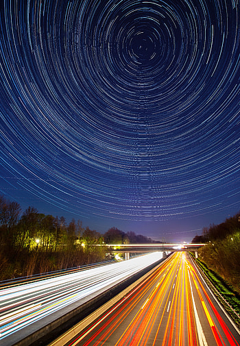 Cities, Road, Starry Sky, Long-Term Exposure, Direction HD phone wallpaper
