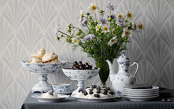 Still Life, dessert, flowers, dishes HD wallpaper