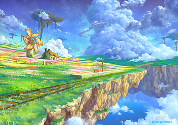 Anime - Original Cloud Landscape Flower Scenic Sky Train Station Windmill Nature Floating Island HD wallpaper