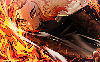 Kyojuro Rengoku, abstract art, Demon Hunter, fire flames, Rengoku Kyojuro, Kimetsu no Yaiba, samurai, battle, Kyojuro Rengoku Demon Slayer, manga, Demon Slayer HD wallpaper