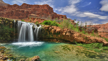 Navajo Falls located in Havasu Canyon, Havasupai Indian Reservation, Arizona, sky, mountains, rocks, river, clouds, usa HD wallpaper