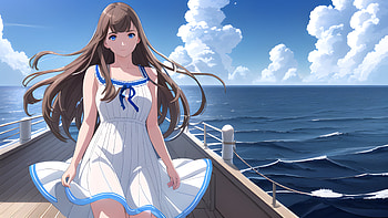 A girl on a brige of a boat, boat, sky, sea, AI Art, Anime, girl, anime girl, Sky Anime HD wallpaper