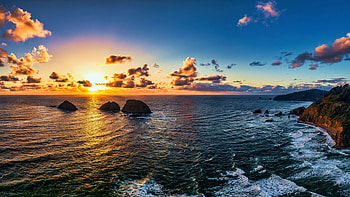 Three Arch Rocks and the Pacific Ocean from Oceanside, Oregon, sea, colors, clouds, sky, sunset HD wallpaper