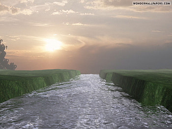 In between, river, fantasy, light, green, sun, land HD wallpaper