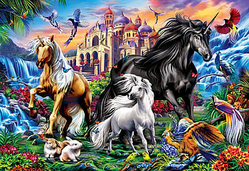 The Young Princess, castle, rabbits, unicorns, birds, painting, waterfall, flowers HD wallpaper