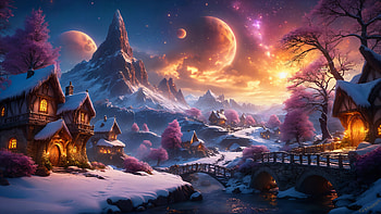 **Enchanting Village Landscape - Ultra **, artistic, landscape, village, river, mountain HD wallpaper