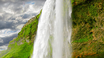 Waterfall Splashes On Algae Trees Bushes Covered Rock Mountain Nature HD wallpaper