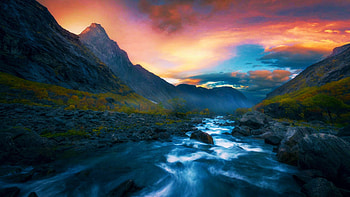 Romsdalen, Norway, valley, colors, sky, mountains, rocks, stream, sunset HD wallpaper
