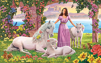 Mother and Foals, bird, rabbits, butterfy, lake, horses, painting, trees, flowers, castle, princess HD wallpaper