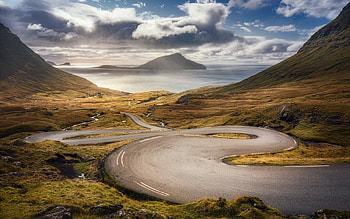 Road in Faroe Islands, Denmark, sea, clouds, road, islands, Denmark, mountains HD wallpaper