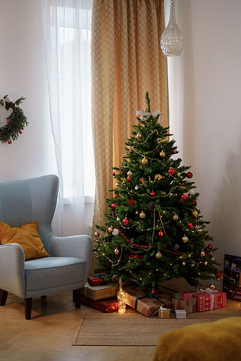 Elegant living room featuring a beautifully decorated Christmas tree and gifts. HD phone wallpaper