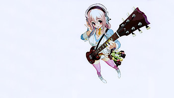 Sonico Blushing, Anime Girl, Red Eyes, Guitar, Pink Hair, Anime, Smile, Yellow Nails, Pink Leggings, Heads, Anime Rocker, Blushing, Teddy Bear, Long Hair, Big Eyes, Super Sonico HD wallpaper