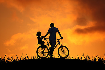 Father And Son Bicycle Ride At Sunset, Family, bicycle, silhouette HD wallpaper