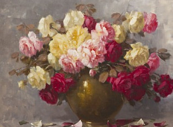 Bouquet of roses by Adrienne Henczne Deak, bouquet, art, adrienne henczne deak, vase, still life, rose, pink, painting, flower, yellow, red HD wallpaper